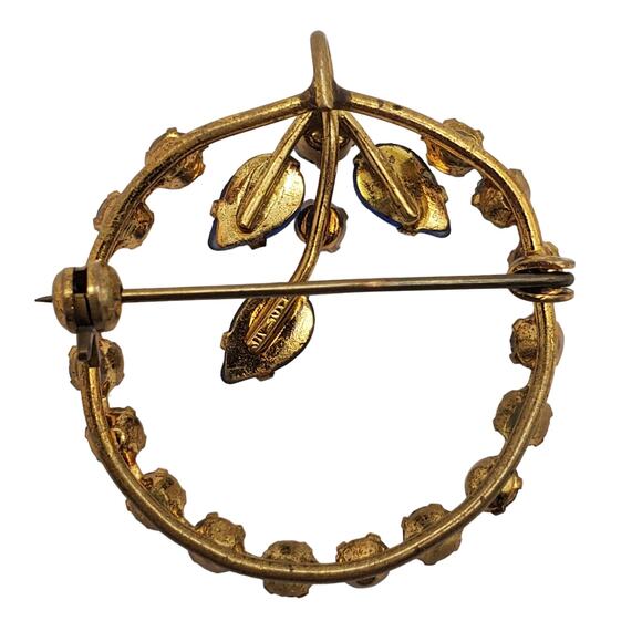 Vintage Blue Rhinestone Circle Brooch & Pendant Frosted Glass Leaves MCM 1960s - Picture 6 of 10